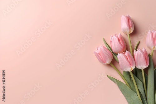 Spring tulip flowers on baby pink background top view. Generative AI.