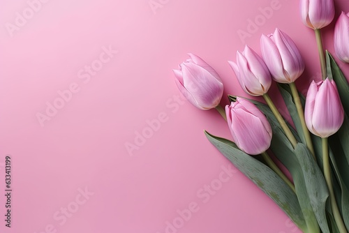 Pink tulips on a table. Generative AI.