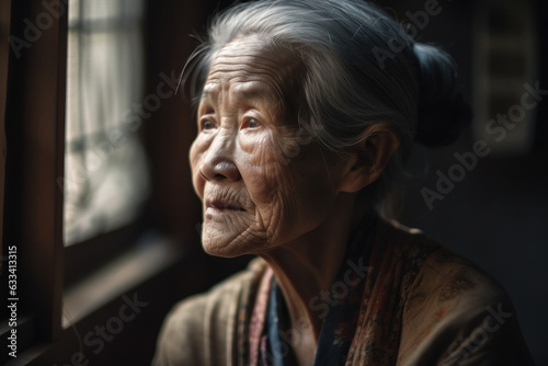 Portrait of elderly chinese woman, indoors, looking out window with contemplative expression