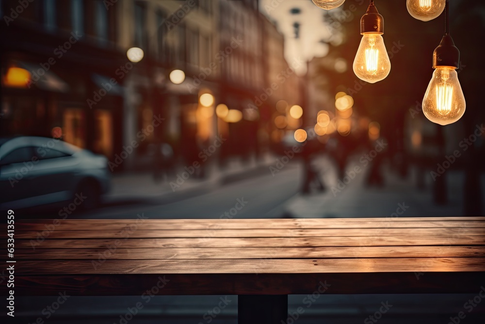 The blurry shop window of a cafe is adorned with a wooden table top and a light bulb. It serves as the perfect background for creating a montage of product displays or a key visual design. The blurry shop window of a cafe is adorned with a wooden table top and a light bulb. It serves as the perfect background for creating a montage of product displays or a key visual design.