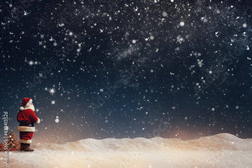 Santa Claus by Christmas Tree, Gazing into Snowy Night, Generative AI