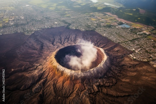 aerial view of smoke rings cascading over volcanic crater