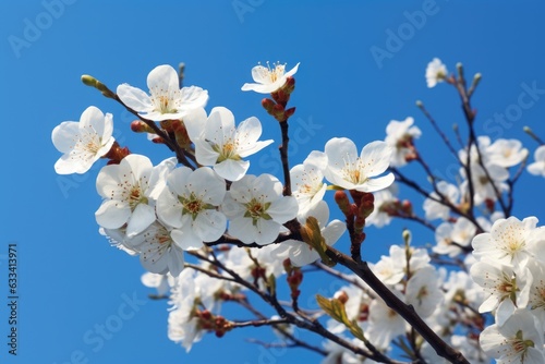 white blossoms against a clear blue sky