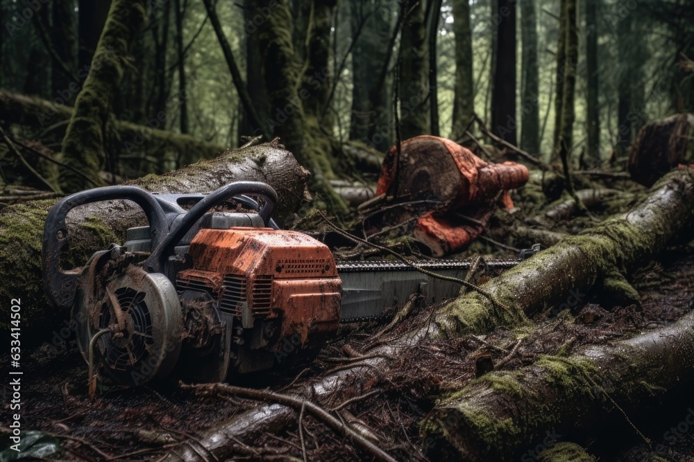 chainsaw resting next to fallen tree in a forest chainsaw resting next to fallen tree in a forest