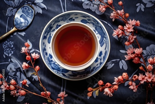 overhead shot of steeping tea in a cup photo