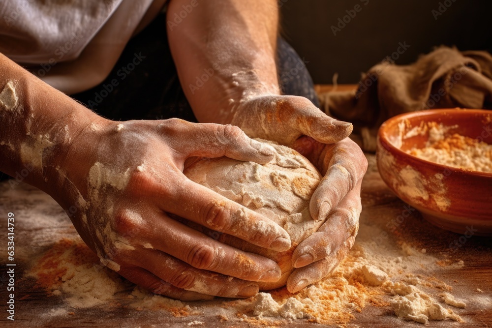 close-up of hands kneading sourdough bread