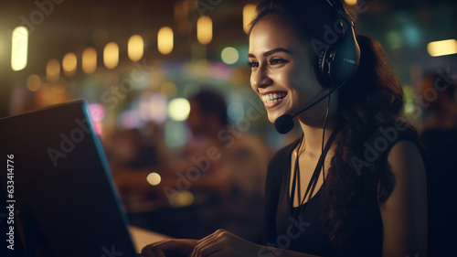 asian female customer support operator with headset in office.