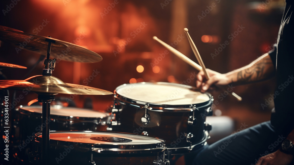 young man playing drums in dark club young man playing drums in dark club