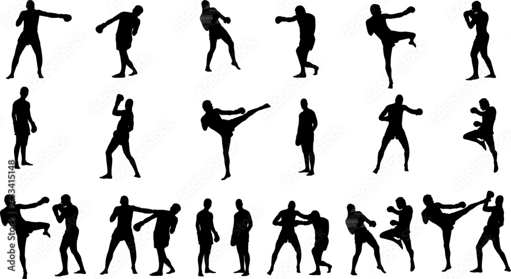 Silhouette  set of mixed martial art mma fighter. Muay thai, wrestling, jujitsu, kick boxing, taekwondo and boxing. Vector illustration