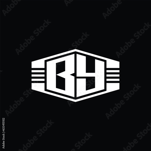 BY Letter Logo monogram hexagon emblem shape with stripes outline style design