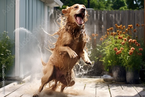 dog shaking off water near a garden hose photo