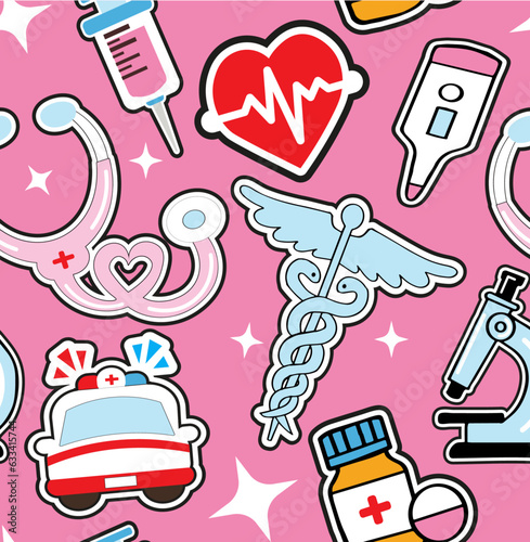 Medicine vector seamless pattern. Healthcare illustration for children. Doctor tools