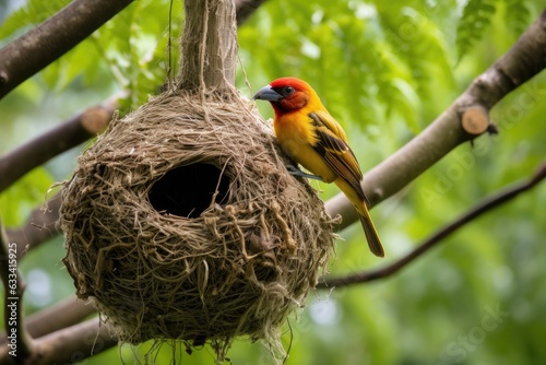weaver bird weaving nest on tree branch © Natalia