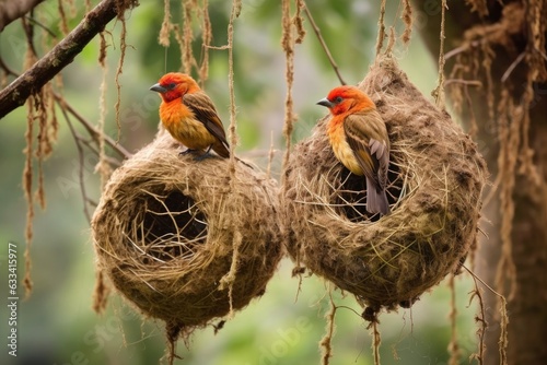 weaver birds nest hanging from tree branch photo