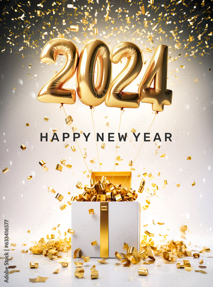 2024 happy new year,or festival celebration with golden prop balloon and gift box present,ornament on color background.generative ai technology - obrazy, fototapety, plakaty 