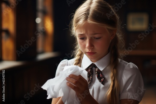 Sick schoolgirl coughs and blows nose wiping with white paper napkin. Concept kids and seasonal diseases.Generative Ai