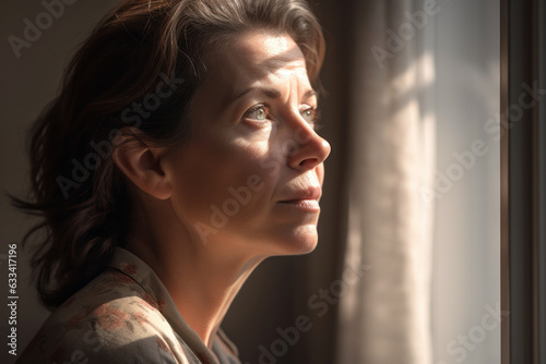 Portrait of middle age white woman, indoors, looking out window with contemplative expression