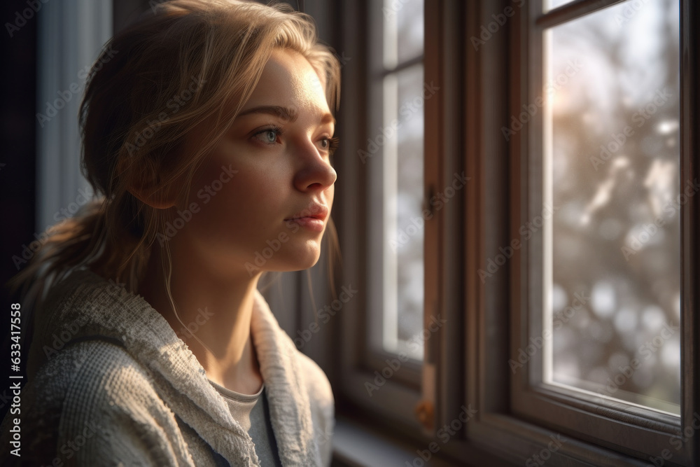 Portrait of young white woman, indoors, looking out window with contemplative expression