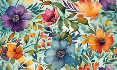 Seamless beautiful watercolor flowers pattern. Generative AI