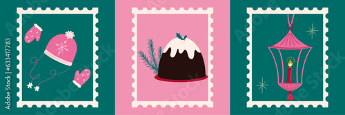 Set of cute Christmas cartoon stamp illustrations, winter holiday season vector elements, Xmas cake, hat and gloves, lantern, snowflake, decorations, checkered design, retro flat style