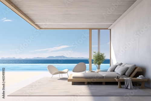 Modern beach house or hotel with luxury interior design rendered in 3D. Room has a concrete floor  sea view swimming pool  and empty wall background.