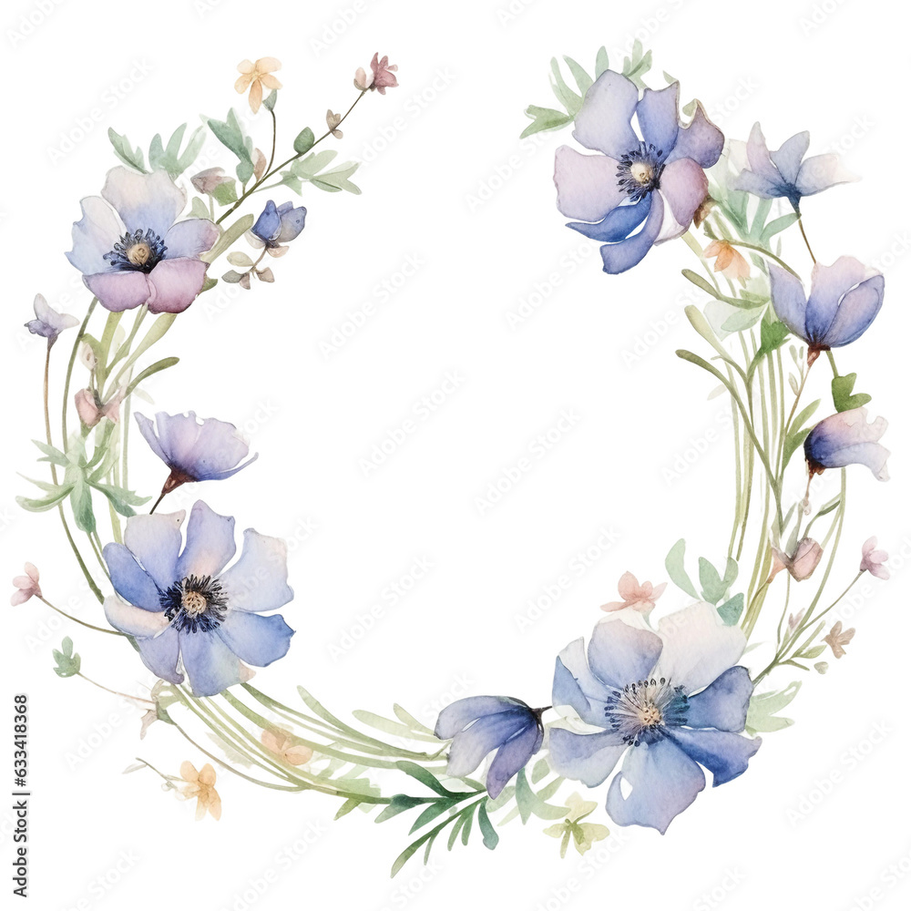 round spring flowers frame, round, huge blank white space, negative space for text, watercolor clipart isolated