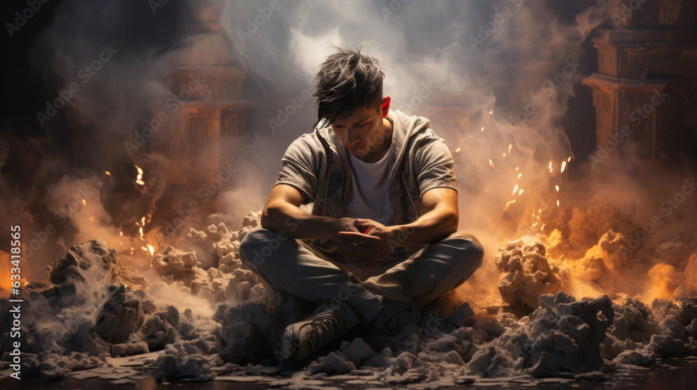 Obraz premium A young person sitting down on a floor covered by smoke, Mental health concept image