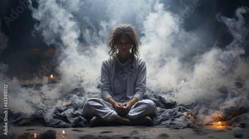 A young woman sitting down on a floor covered by smoke, Mental health concept image