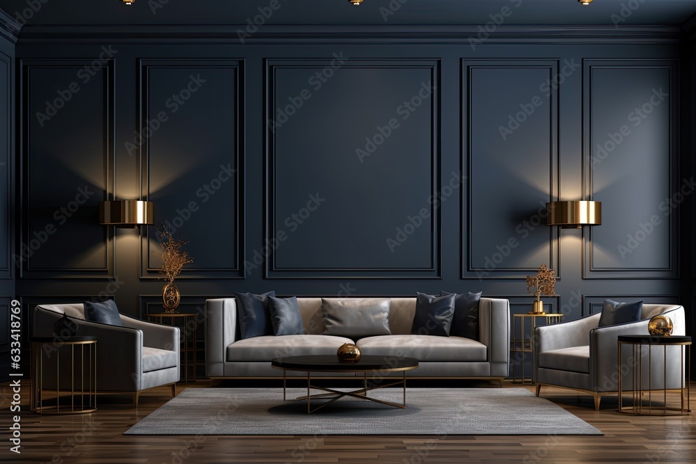 A living room or business lounge designed in deep, dark colors featuring a combination of navy blue and gray. The empty wall serves as a mockup, allowing for a painted background and showcasing a - obrazy, fototapety, plakaty 