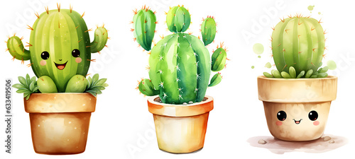 Watercolor set of cute cactus plants in a pot on white background. Generative AI