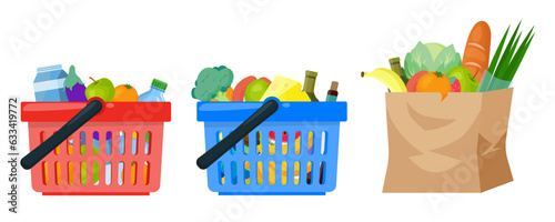 Grocery food basket. Eco shopping bags and baskets with food. Vector supermarket illustration