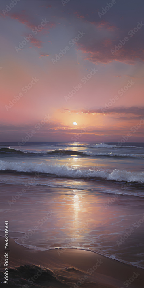 A majestic seascape oil painting of a calm, serene beach at dawn with the waves just kissing the beach under a peaceful pre-dawn sky just beneath the waters edge