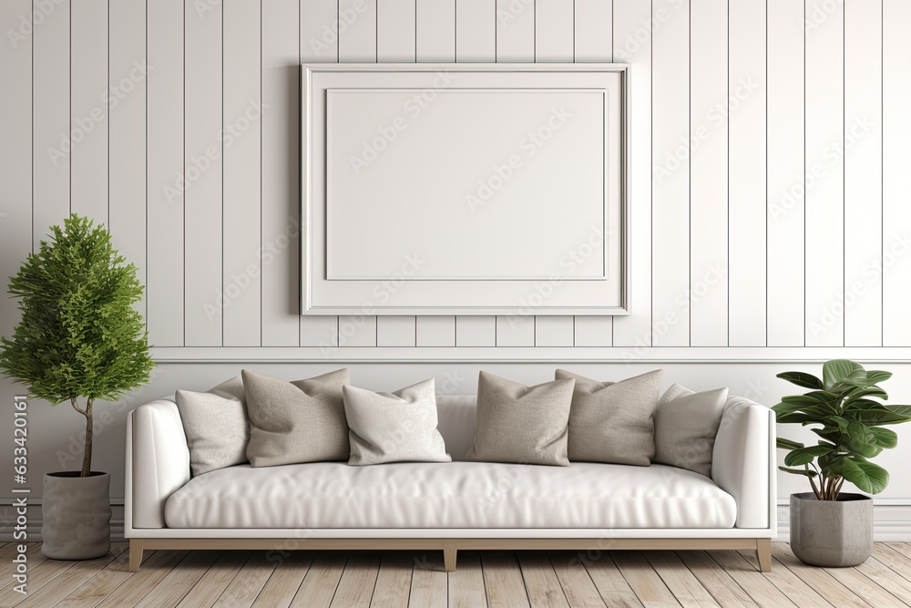 Fototapeta premium A rendered image of a mockup frame placed in a living room with a farmhouse interior design.