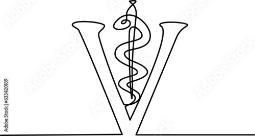 Veterinary symbol - caduceus snake with stick. Continuous one line