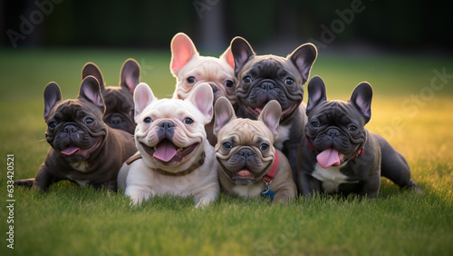 Group of French Bulldogs sitting on the lawn