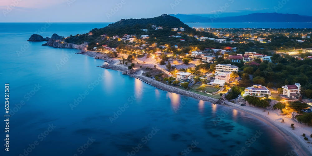 a picturesque, coastal town at dusk, warm lights from the houses, cobalt blue sea