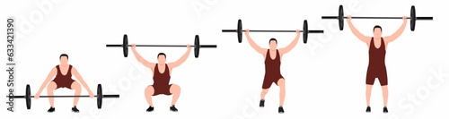Set of men characters in gym doing exercises and workouts weight training. Collection of male bodybuilding lifestyle. Athlete doing barbell overhead press exercise. Vector illustration