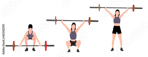 Woman doing barbell deadlifts exercise. A fitness enthusiast doing weight lifting. Flat vector illustration on white background. 