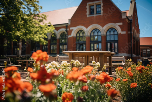 Charming red brick small town library, surrounded by blooming flowers, bright sunny day, blue sky