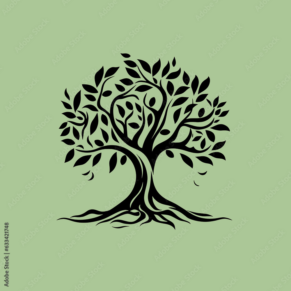 Olive tree logo on olive background, organic farm oil, olive tree illustration, olive oil symbol, wild oil food