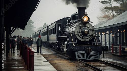 Photo Historic small - town train station, wooden platform, steam engine arriving, peo