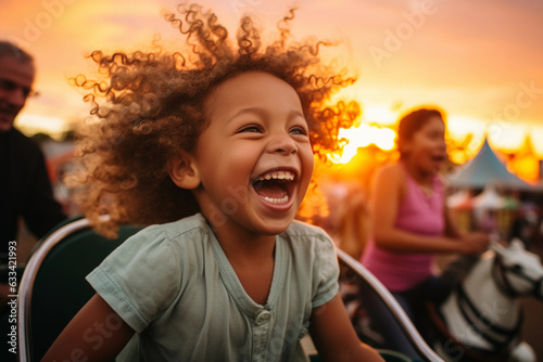 Small town community fair, children laughing, rides in motion, vibrant colors, sunset photo