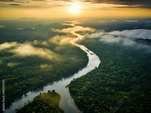 a lush green Amazon rainforest, snaking river cutting through, sun's golden rays piercing through the canopy © Marco Attano
