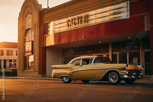 Vintage classic car parked in front of an old cinema, nostalgic, sunset lighting, long shadows