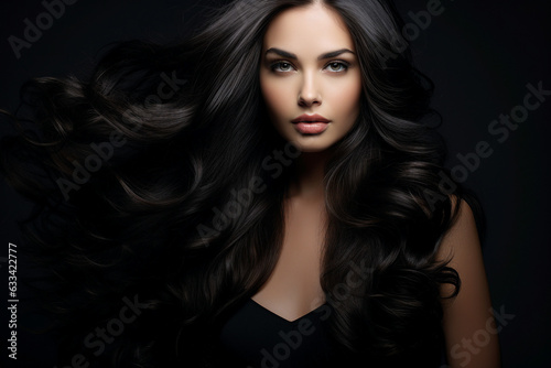 Generative AI illustration of charming attractive young model woman demonstrate amazing long black dyed hair style