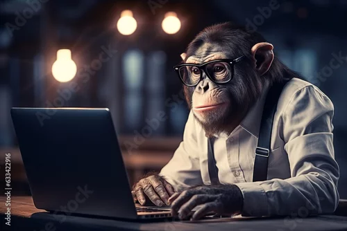 Obraz Generative ai collage of expert monkey person working computer sotfware service