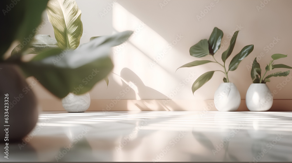 Minimalistic light background with blurred foliage shadow on a light wall. Beautiful background for presentation with with marble floor Minimalistic light background with blurred foliage shadow on a light wall. Beautiful background for presentation with with marble floor
