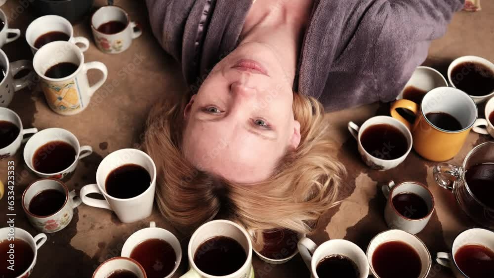 A woman lies on the floor among many cups of coffee. Deadline, overtime, caffeine addiction concept.