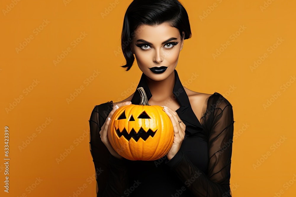 A woman holding a pumpkin in a black shirt