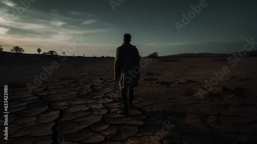 Hopeless man sillouete back view walking on drought land, dark colors